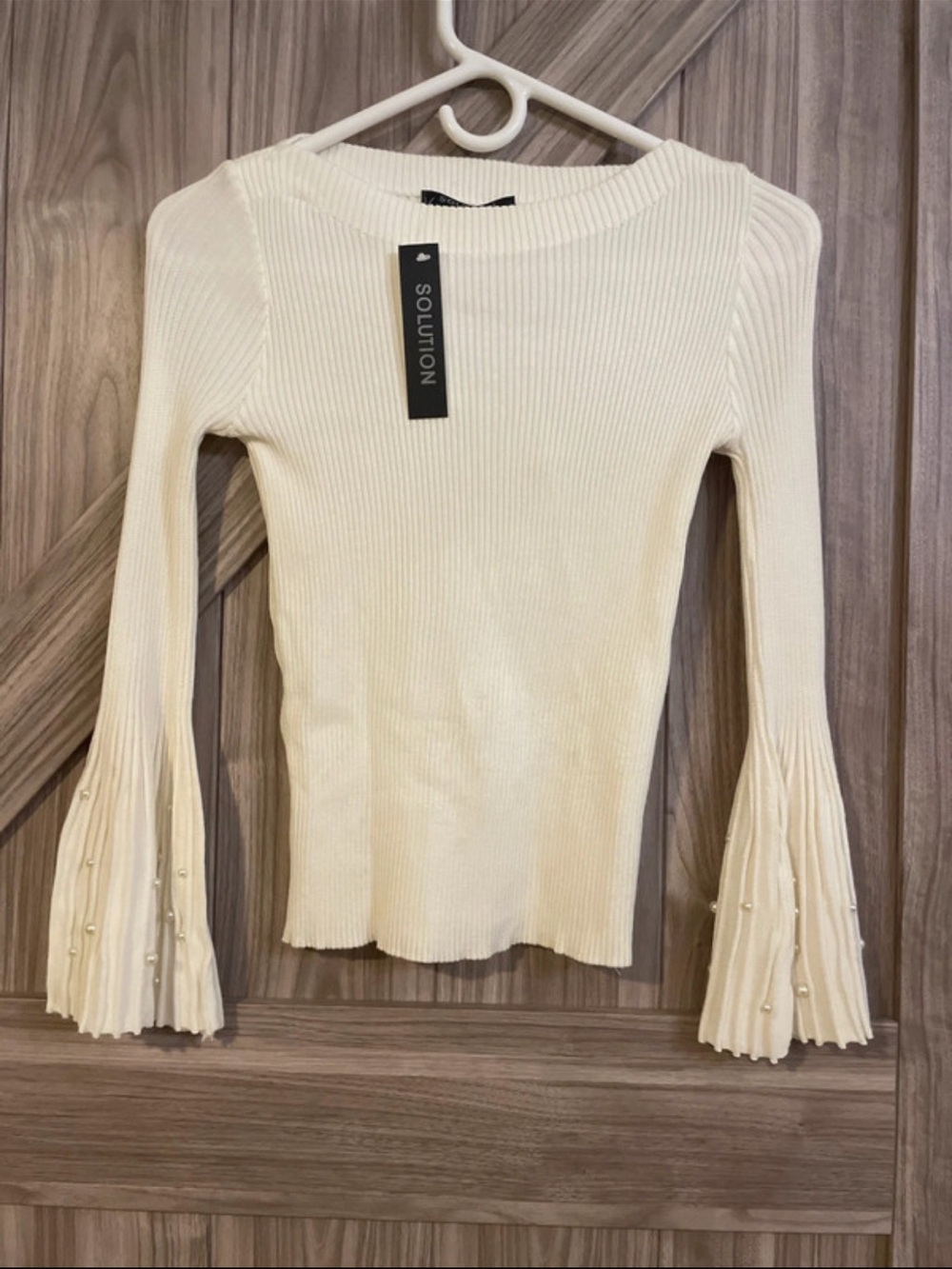 Solution Cream Ribbed Long Sleeve Top with Pearl-Trim Bell Sleeves